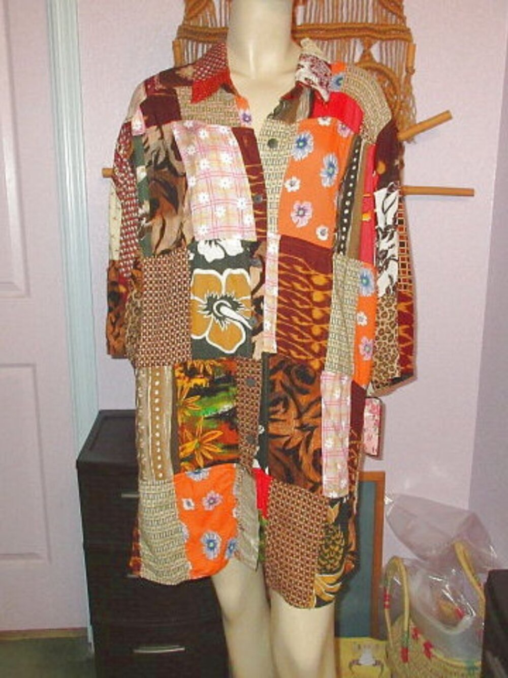 Vtg Patchwork Button Up Blouse Top 2X Oversized Tunic Lagenlook Artsy 80s Boho